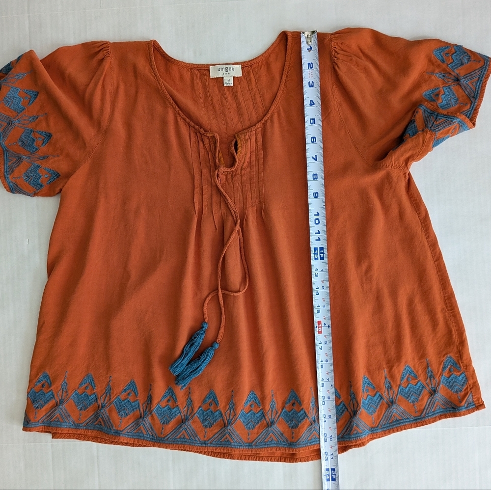 Umgee Burnt Orange and Blue Embroidery Boho Shirt - Picture 6 of 13